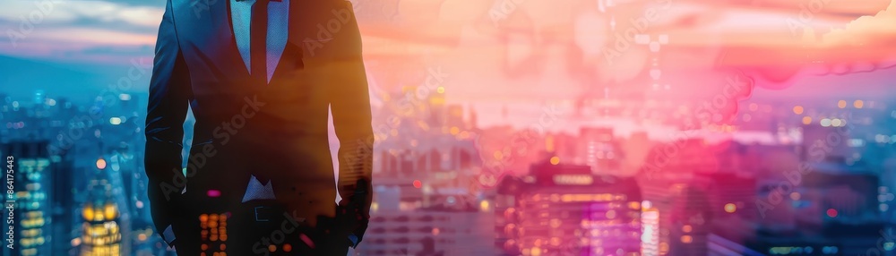 Business suit, city skyline, close up, focus on, copy space, vibrant colors, Double exposure silhouette with skyscrapers Business suit, city skyline, close up, focus on, copy space, vibrant colors, Double exposure silhouette with skyscrapers