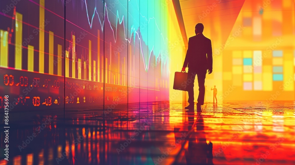 Stock chart, briefcase, close up, focus on, copy space, vibrant colors, Double exposure silhouette with financial graphs Stock chart, briefcase, close up, focus on, copy space, vibrant colors, Double exposure silhouette with financial graphs
