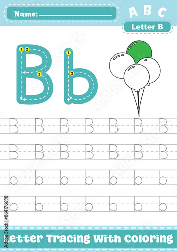 Letter B Uppercase Lowercase Tracing Worksheet with Coloring Apple Activity.  A4 Alphabet B Trace Handwriting Printable Vector Illustration. Worksheet for Preschool Kindergarten Kids. Learn To Write.