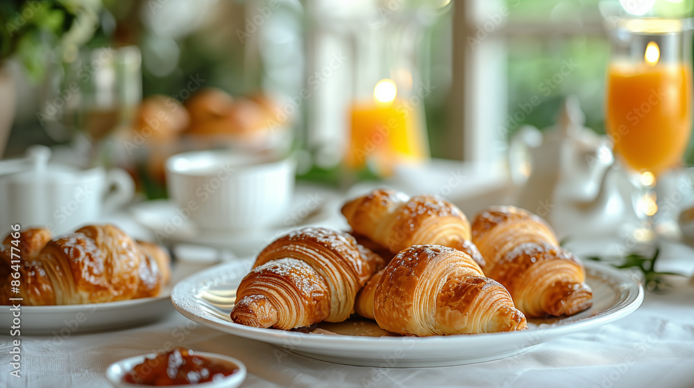 Tasty croissants on table in cafe, closeup. Delicious breakfast Tasty croissants on table in cafe, closeup. Delicious breakfast