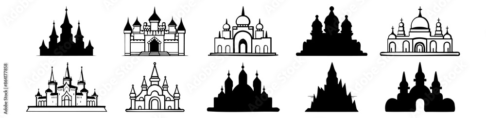 Obraz premium Palace silhouettes set, pack of vector silhouette design, isolated background