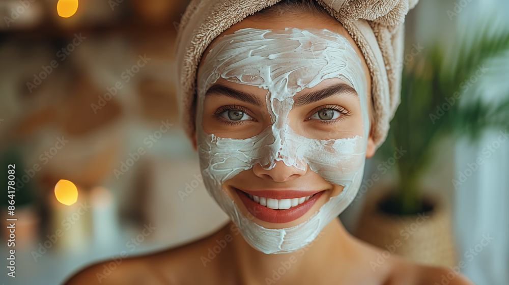 Beautiful young woman with clay facial mask on her face at home Beautiful young woman with clay facial mask on her face at home