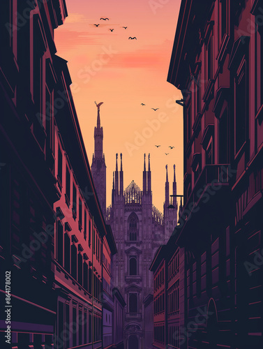 City Silhouette at Dusk, Milan Silhouette, Italy City, Sunset over the city 