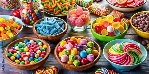 Colorful assortment of candies and sweets displayed in bowls and plates creating a vibrant dessert spread perfect for parties © guntapong