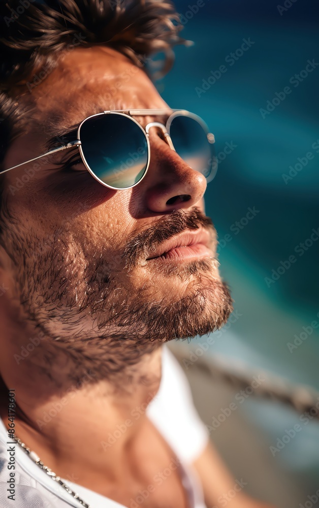 Close-up portrait of a stylish man wearing sunglasses by the beach, reflecting a serene ocean view on a sunny day. Close-up portrait of a stylish man wearing sunglasses by the beach, reflecting a serene ocean view on a sunny day.