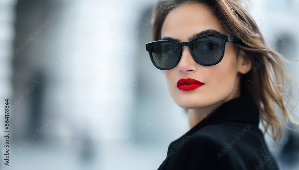 Fashionable woman with bold red lips and sunglasses posing stylishly against an urban backdrop in black attire. Fashionable woman with bold red lips and sunglasses posing stylishly against an urban backdrop in black attire.