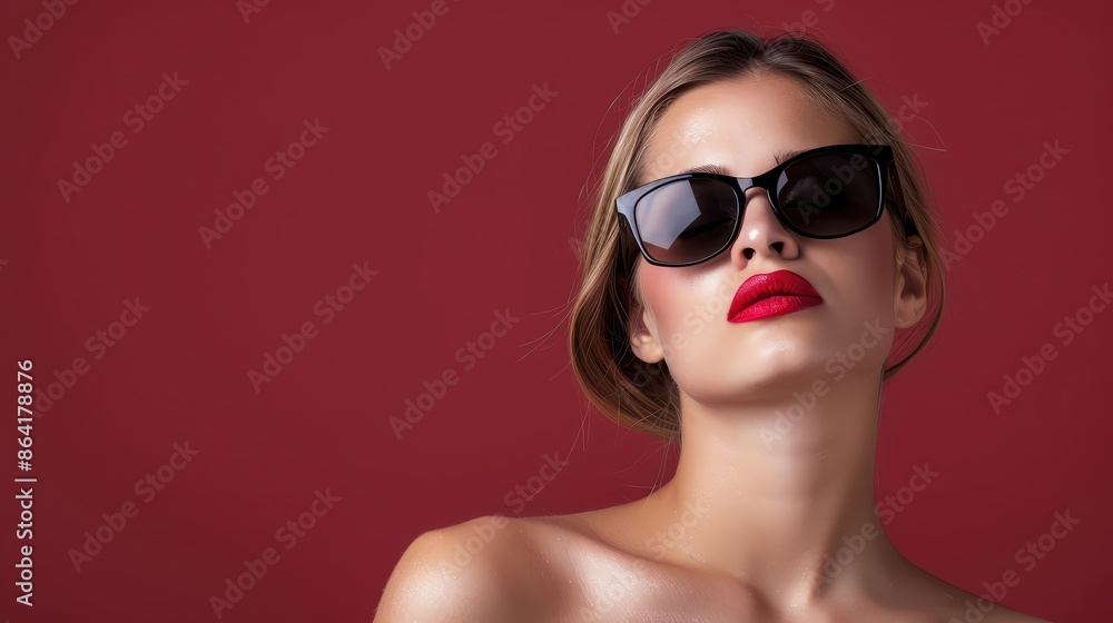Portrait of a stylish woman with red lipstick and sunglasses against a red background, exuding confidence and elegance. Portrait of a stylish woman with red lipstick and sunglasses against a red background, exuding confidence and elegance.
