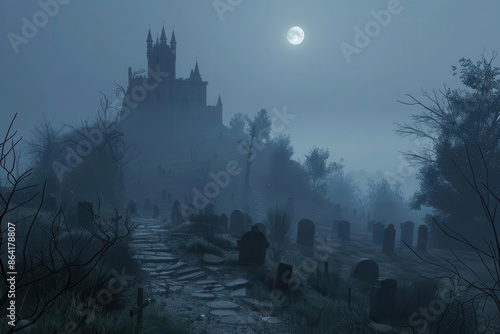 eerie 3d rendering of a haunted castle perched on a hilltop moonlit path winding through a misty graveyard below