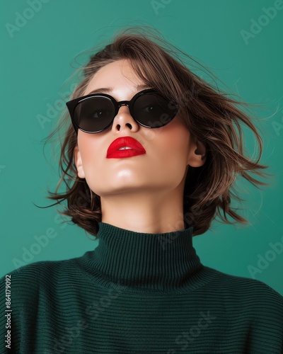 Wallpaper Mural Stylish woman with short hair, red lipstick, and sunglasses posing confidently against a green background in a green turtleneck. Torontodigital.ca