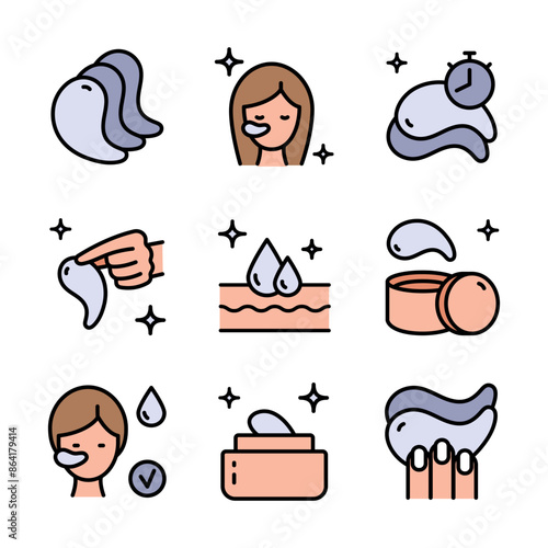 Eye gel patches color icons set. Simple illustrations of eye mask. Trend care products signs collection. Flat isolated vector signs set on white background.