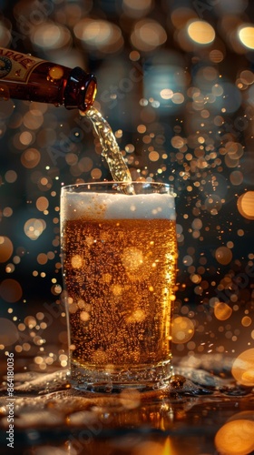 beer pouring from bottle to beer glass , dark bar counter background. ai generated photo