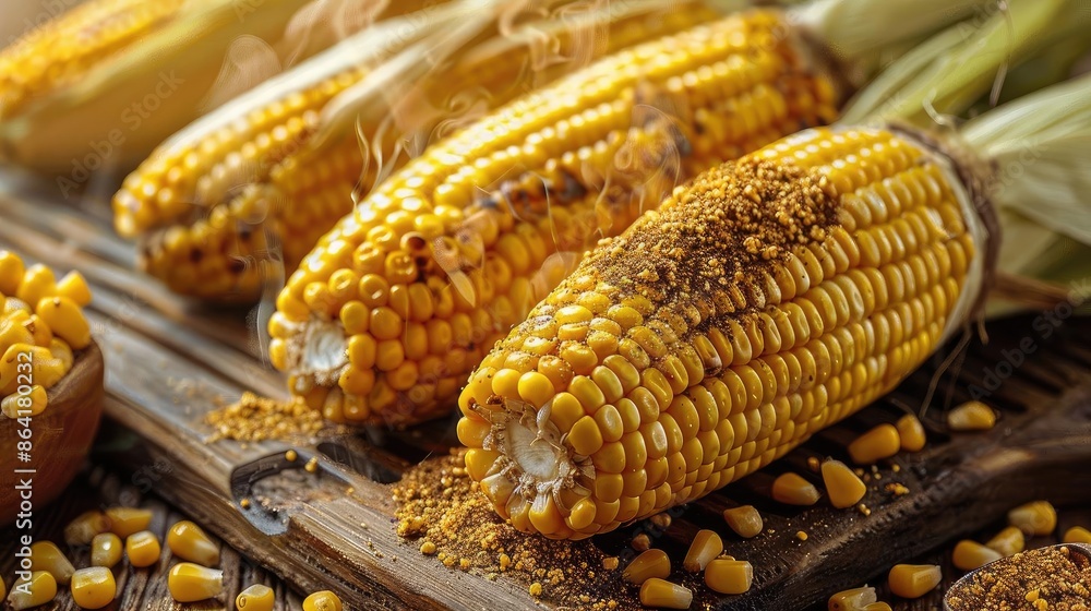 Close-up photo of seasoned corn on the cob arranged on a rustic wooden board, capturing fresh and vibrant details of the kernels. Close-up photo of seasoned corn on the cob arranged on a rustic wooden board, capturing fresh and vibrant details of the kernels.