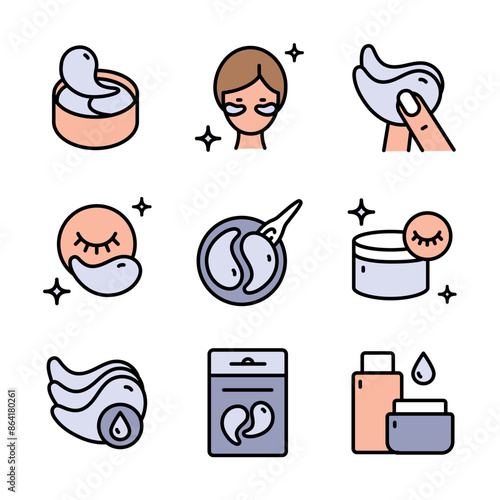 Eye gel patches color icons set. Simple illustrations of eye mask. Trend care products signs collection. Flat isolated vector signs set on white background.