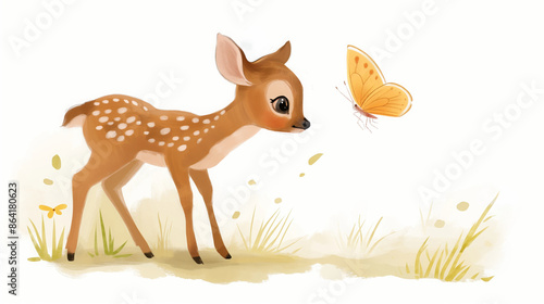 Cute fawn looking at a butterfly, children's book illustration in pastel colors, watercolor style