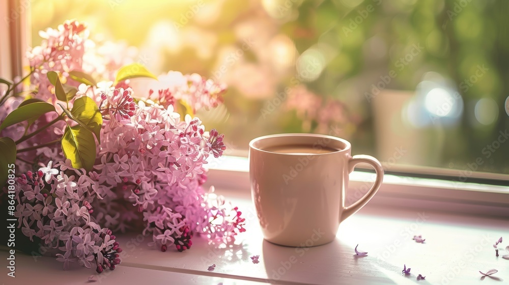 A warm morning sunlight illuminates a white cup of coffee and a cluster of lilac flowers on a windowsill. A warm morning sunlight illuminates a white cup of coffee and a cluster of lilac flowers on a windowsill.