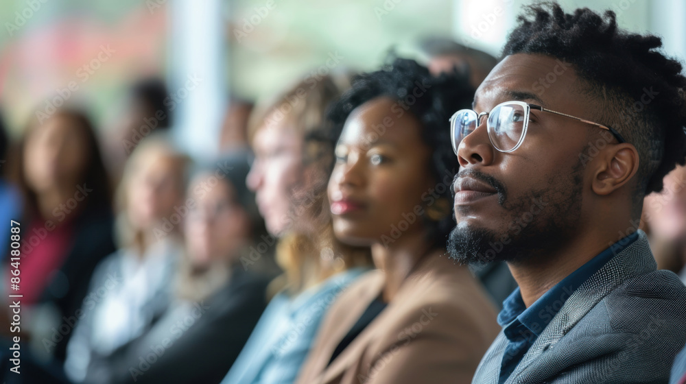 Diverse group of attentive business professionals seated in a conference room, focusing intently on a speaker during a seminar. Diverse group of attentive business professionals seated in a conference room, focusing intently on a speaker during a seminar.