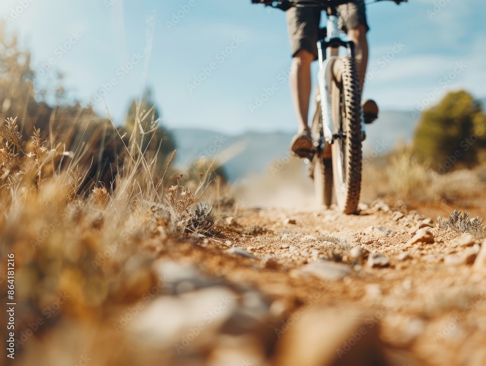 Thrilling Mountain Biker Riding Down Rugged Trail - Focus on Movement and Skill in Extreme Sports Thrilling Mountain Biker Riding Down Rugged Trail - Focus on Movement and Skill in Extreme Sports