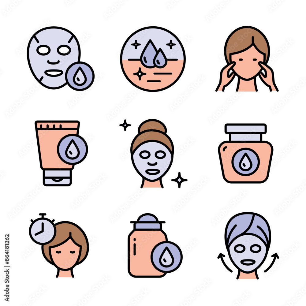 Makeup removal and skin care icons set. Face, beauty, health, woman, healthy, mask, clean, fresh, girl, cleansing concept. Vector illustration isolated on white background. Aesthetic cosmetology color Makeup removal and skin care icons set. Face, beauty, health, woman, healthy, mask, clean, fresh, girl, cleansing concept. Vector illustration isolated on white background. Aesthetic cosmetology color