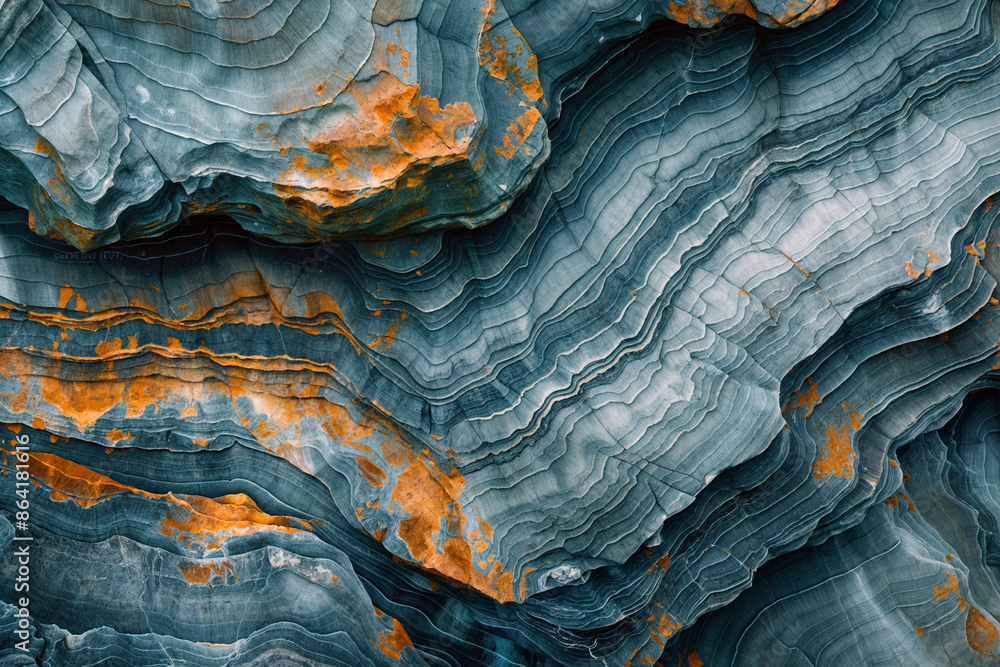 Abstract Close-Up of Layered Rock Formation with Blue and Orange Patterns, Natural Geological Texture, Detailed Earth Surface Art Abstract Close-Up of Layered Rock Formation with Blue and Orange Patterns, Natural Geological Texture, Detailed Earth Surface Art