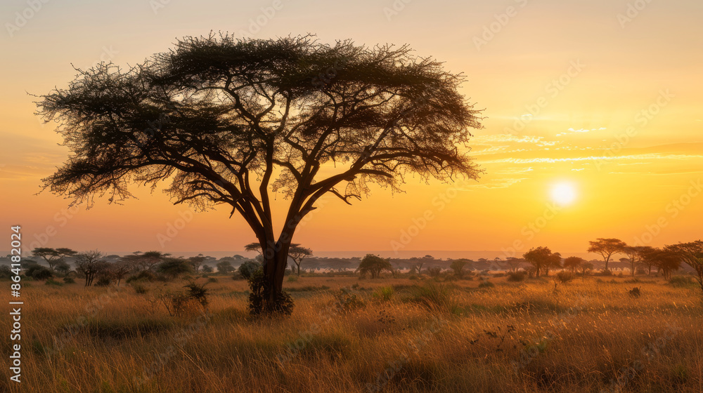 The beautiful African savanna welcomes a new day as the sun rises over the horizon. An acacia tree stands tall against the golden sky, its branches reaching towards the heavens. The beautiful African savanna welcomes a new day as the sun rises over the horizon. An acacia tree stands tall against the golden sky, its branches reaching towards the heavens.