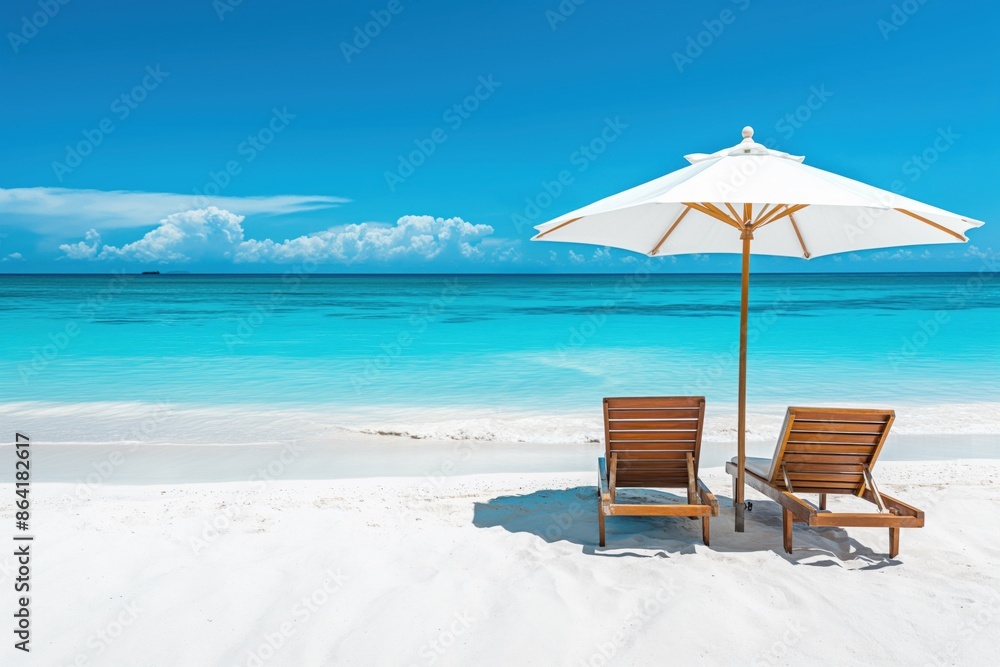 Obraz premium A photo of a beach with clear blue water and white sand, featuring sun loungers under an umbrella. The composition evokes a sense of luxury travel, relaxation and vacation.