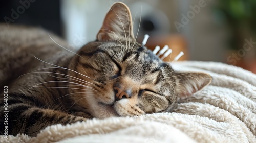 Relaxed Feline Undergoing Rejuvenating Acupuncture Therapy on Cozy Cushion