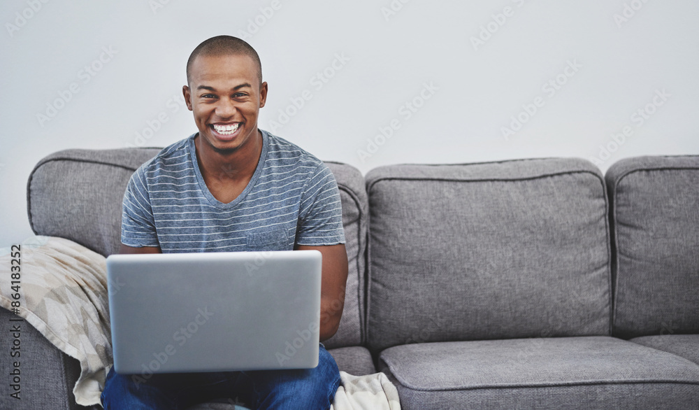 Sofa, smile and portrait of black man with laptop for search, networking or online freelance project in home. Relax, remote work and happy person on couch with computer for web, email or subscription Sofa, smile and portrait of black man with laptop for search, networking or online freelance project in home. Relax, remote work and happy person on couch with computer for web, email or subscription
