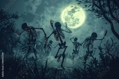 Skeletons dancing and celebrating under the moonlight in an eerie clearing, with the moon casting long, dramatic shadows across the ground photo