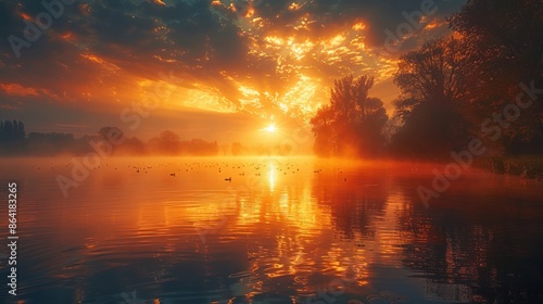 A beautiful sunrise over a peaceful lake, casting a warm, golden glow, ideal for an inspiring and beautiful song.