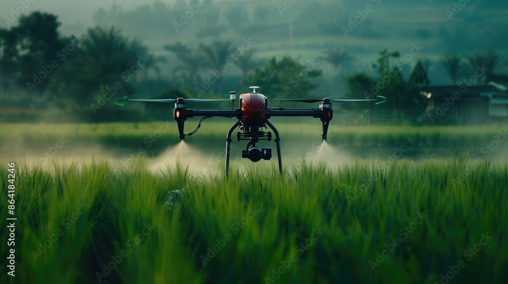 Revolutionizing agriculture, this high-tech drone sprays vital pesticides over expansive green fields, increasing crop productivity and effectively managing insect populations for a thriving harvest. Revolutionizing agriculture, this high-tech drone sprays vital pesticides over expansive green fields, increasing crop productivity and effectively managing insect populations for a thriving harvest.