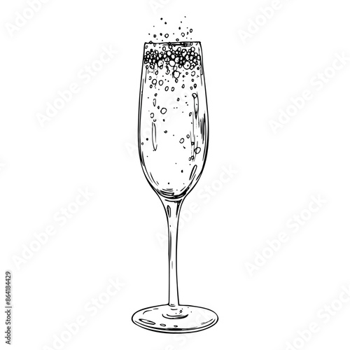 Glass goblet with champagne and bubbles, sparkling wine. Line art is a simple hand-drawn illustration in black and white ink. Isolated vector EPS object.