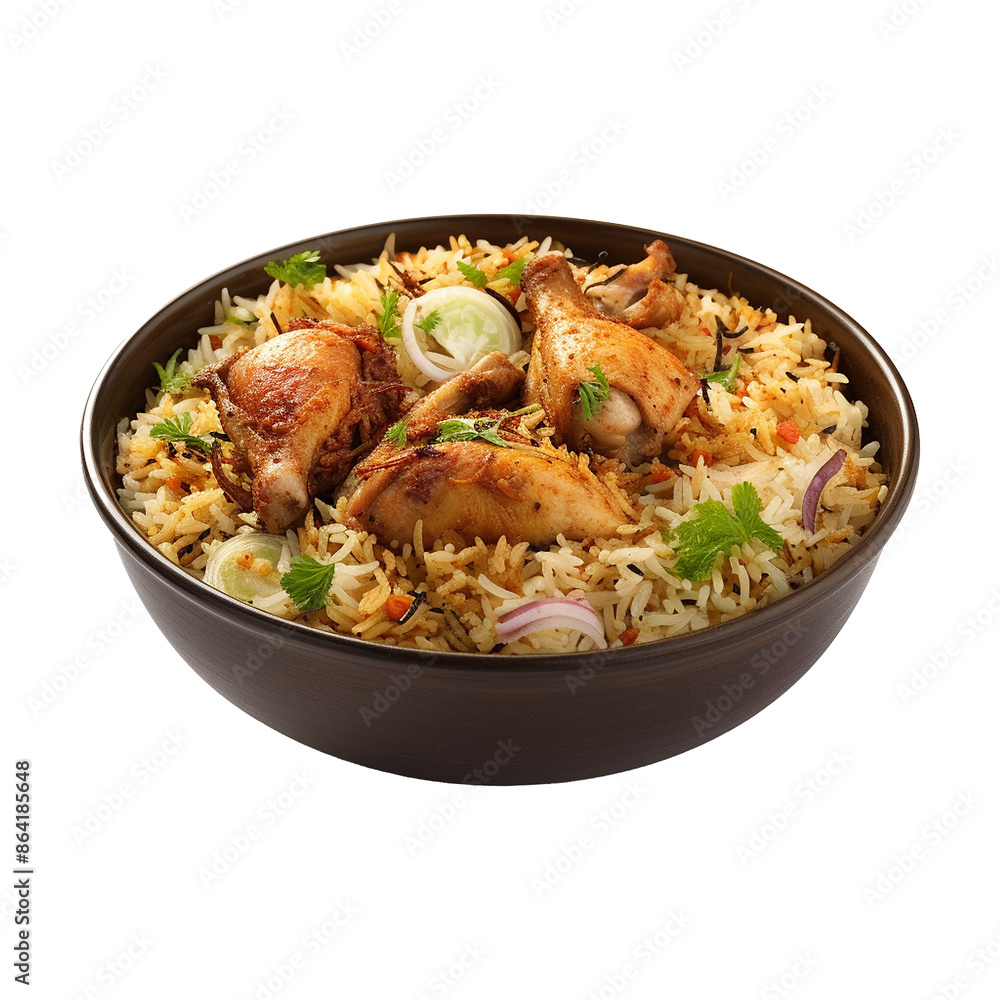 A bowl of chicken biryani isolated on transparent background png