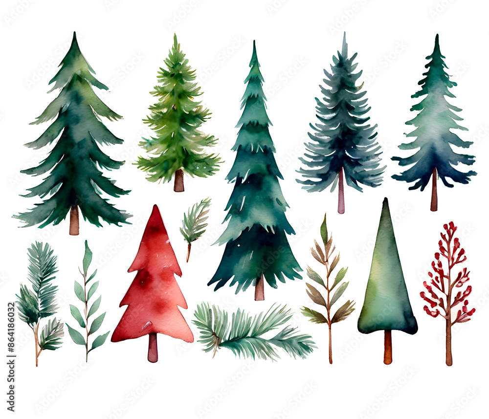 Obraz premium A watercolor illustration depicting various fir trees in different shades of green. A large set of illustrations of Christmas trees. Christmas tree.