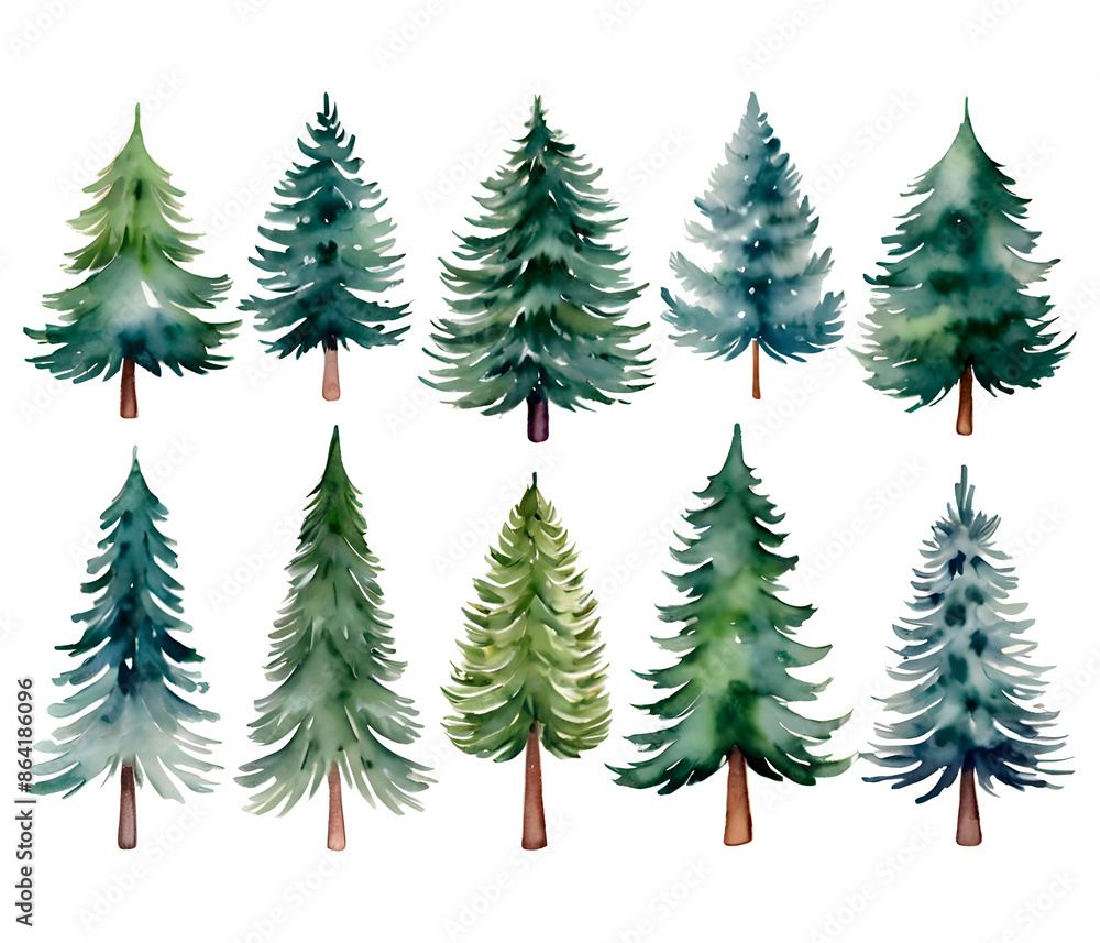 A watercolor illustration depicting various fir trees in different shades of green. A large set of illustrations of Christmas trees. Christmas tree. A watercolor illustration depicting various fir trees in different shades of green. A large set of illustrations of Christmas trees. Christmas tree.