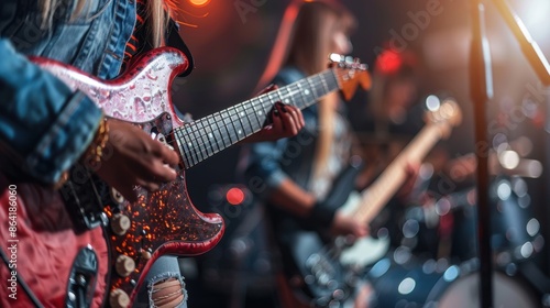 A close-up shot of a guitarist passionately playing an electric guitar during a live rock band performance, highlighting musical energy. photo