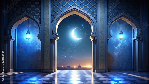 Islamic Ramadan background with glow the moon and stars through open mosque door framed by arches, Islamic photo