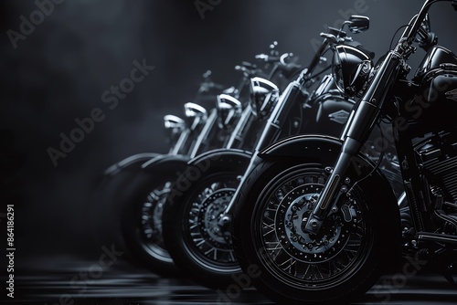 A dramatic black background with a lineup of classic motorcycles
