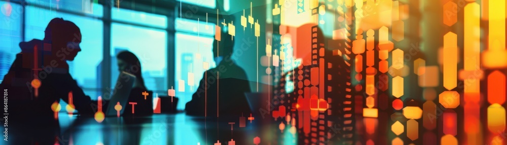 Stock chart, conference room, close up, focus on, copy space, vibrant colors, Double exposure silhouette with business meeting Stock chart, conference room, close up, focus on, copy space, vibrant colors, Double exposure silhouette with business meeting