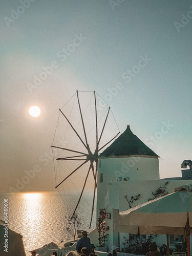 Sunset in Oia, Santorini Greece with Windmills
