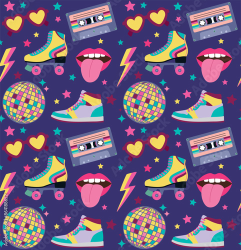 Seamless pattern with disco ball, retro roller skates, sneakers, stars and heart shaped sunglasses. Vector colorful background with vintage objects.	