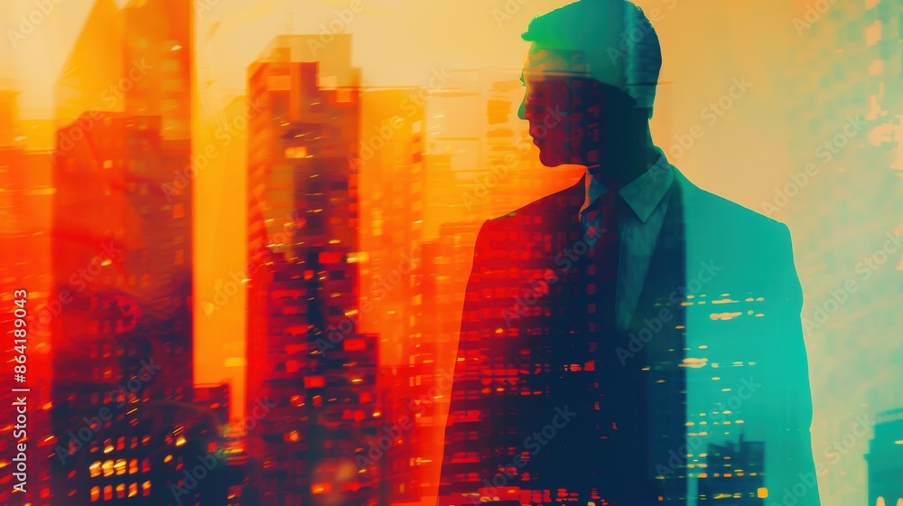 Fototapeta premium Business suit, city skyline, close up, focus on, copy space, vibrant colors, Double exposure silhouette with skyscrapers