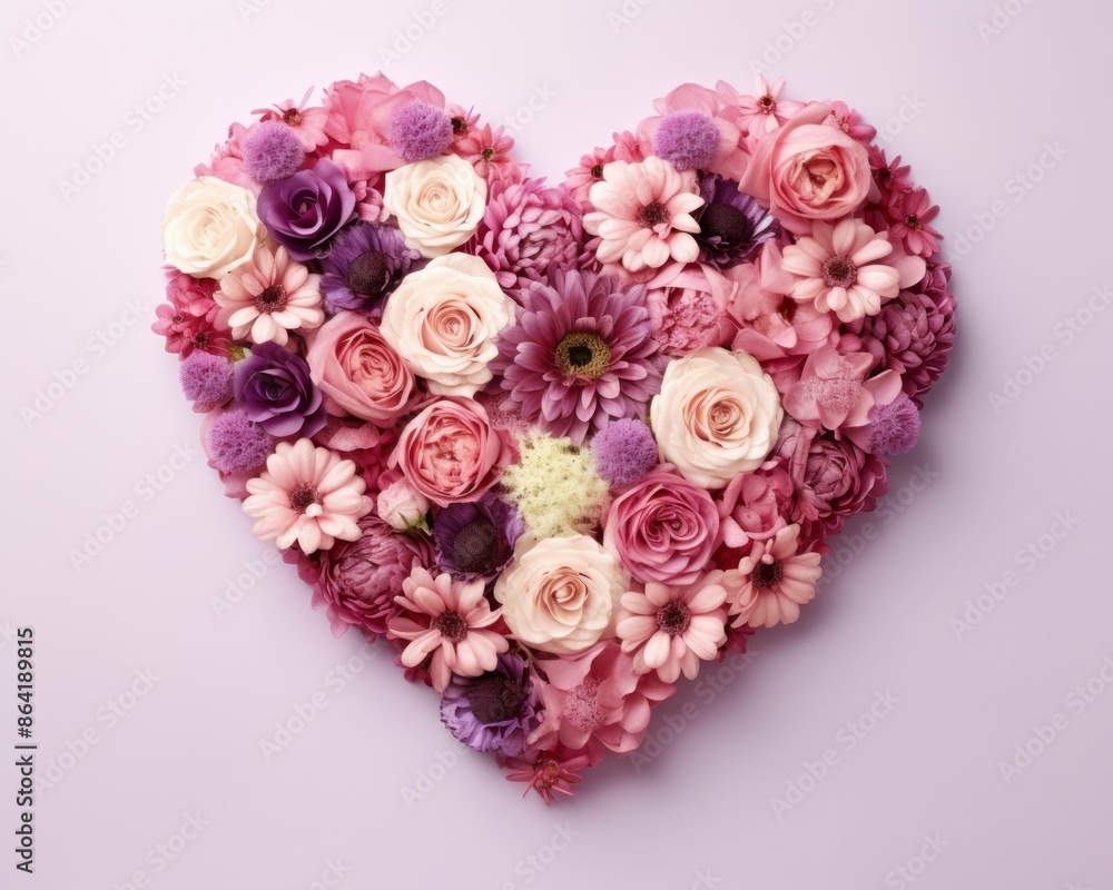 Heart shape made of colorful flowers on white background, top view. Heart shape made of colorful flowers on white background, top view.
