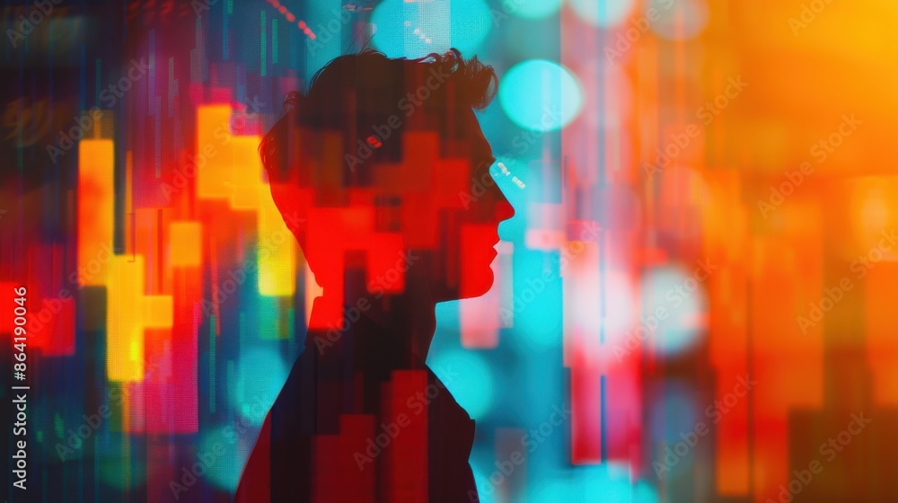 Fototapeta premium Stock chart, businessman, close up, focus on, copy space, vibrant colors, Double exposure silhouette with financial graphs