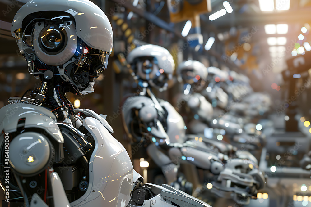 A high-tech factory with robots on an assembly line, manufacturing car body parts efficiently. A high-tech factory with robots on an assembly line, manufacturing car body parts efficiently.