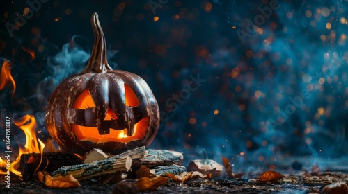 halloween pumpkin and bonfire tofee. copy space photo