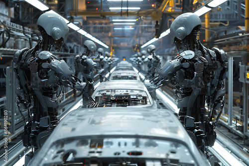 Wallpaper Mural A high-tech factory with robots on an assembly line, manufacturing car body parts efficiently. Torontodigital.ca