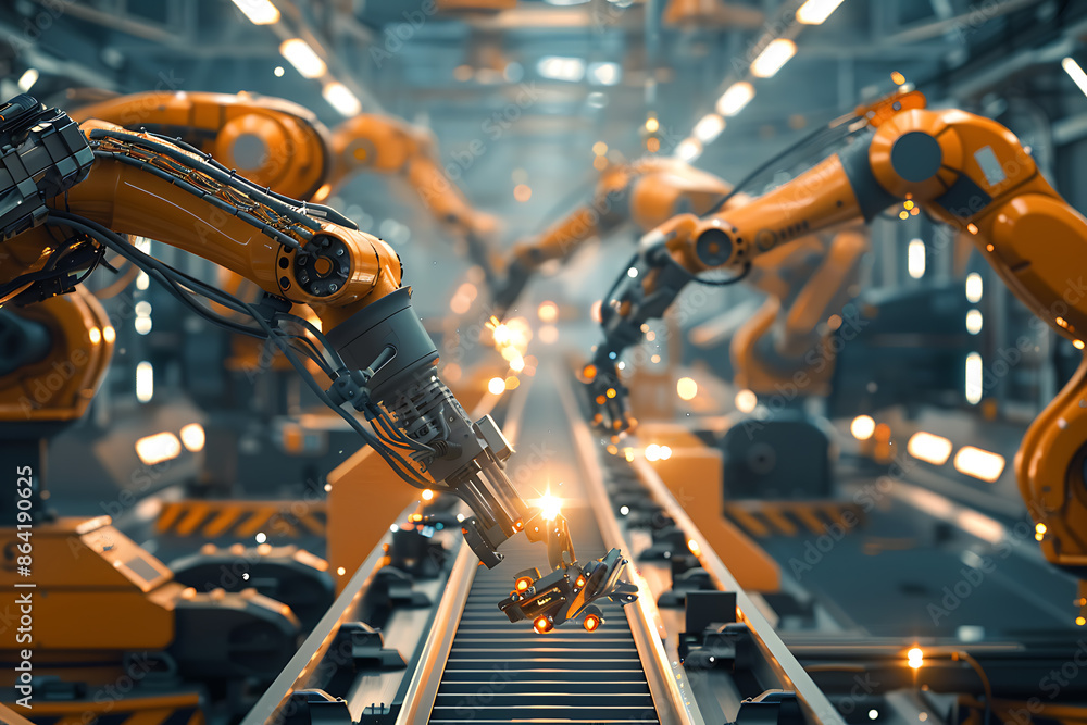 A high-tech factory with robots on an assembly line, manufacturing car body parts efficiently. A high-tech factory with robots on an assembly line, manufacturing car body parts efficiently.