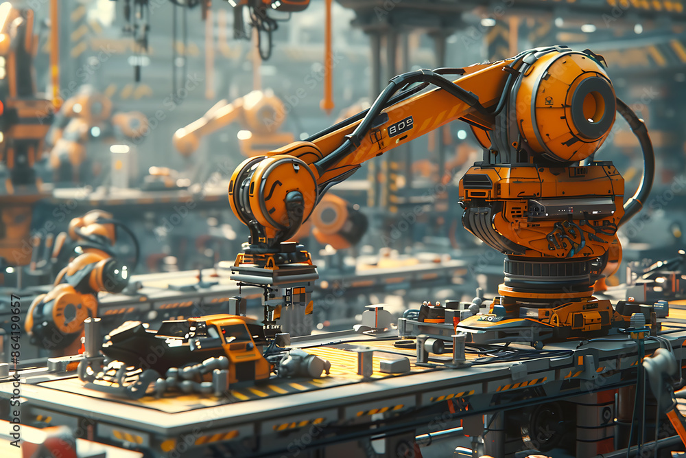 A high-tech factory with robots on an assembly line, manufacturing car body parts efficiently. A high-tech factory with robots on an assembly line, manufacturing car body parts efficiently.