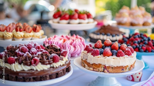 An array of assorted desserts including cakes and cupcakes, beautifully displayed at an outdoor event, showcasing variety and indulgence. © tashechka