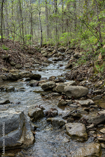 Mountain stream or creek cascading rocks in peaceful forest scene on Racoon Mountain, Tennessee photo